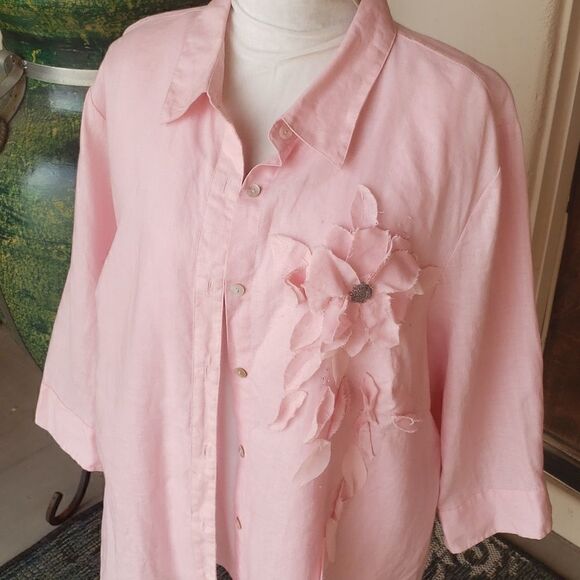 soft pink colored embellished linen long sleeve blouse size 3X - Picture 7 of 9
